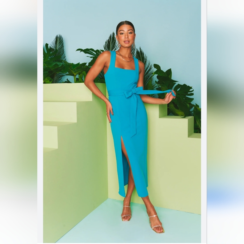 Show Me Your MUMU Eden Midi Teal  Dress with Stretch X Revolve